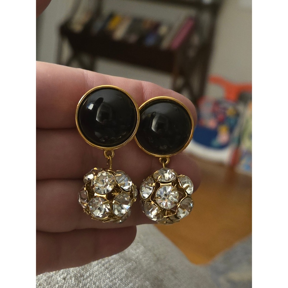 Monet Goldtone Earrings Black Cabachon Crystal Balls Vintage